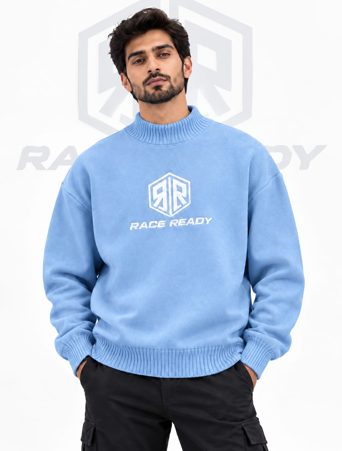 Premium Sky Blue Mock Neck Sweatshirt Manufacturer Custom Fleece Sweatshirt