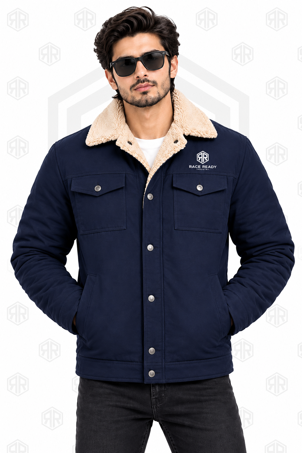 Men's Navy Blue Sherpa Jacket with Fleece Collar
