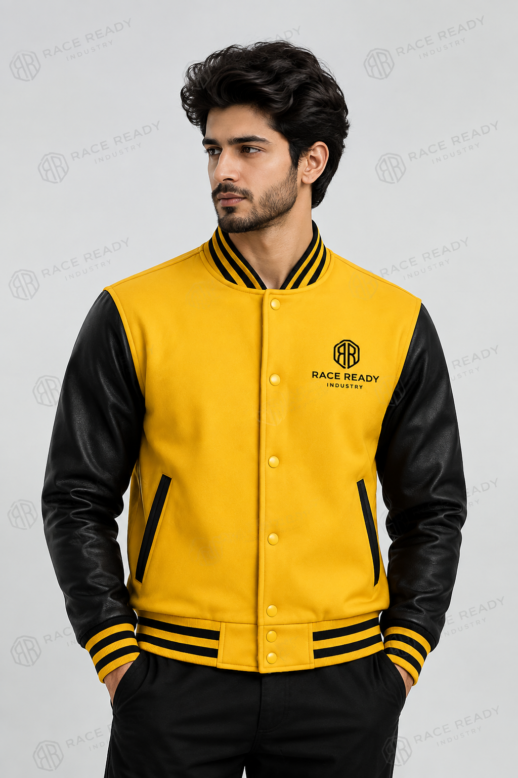 Custom varsity outerwear jacket manufactured by Race Ready Industry