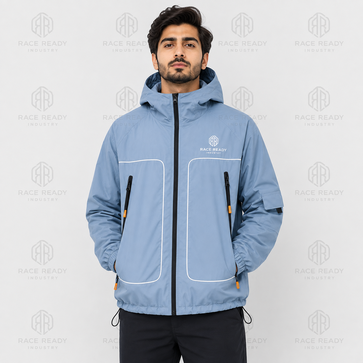 Custom varsity outerwear jacket manufactured by Race Ready Industry